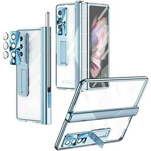 ★透明メッキフレーム-青★ 全面保護透明ケース+強化ガラスフィルム+ペンスロット+3Dメッキフレーム Galaxy Z Fold4 / W23携帯, 磁気吸着