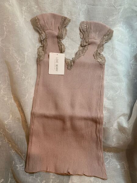 【新品】リブニットレースパイピングキャミソール ピンク