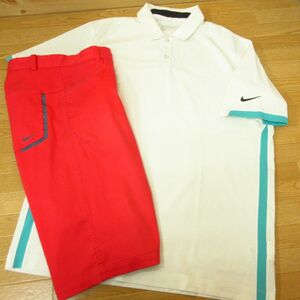 ◎使用少なめ！2XL 上下セット！NIKE GOLF ナイキ ゴルフ◆半袖 ポロシャツ&ハーフパンツ DRI-FIT 速乾◆メンズ 白xピンク◆B4362