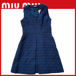 Новый Miu Miu Miu jacquard Woven v -neck платье Navy#42 ★