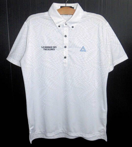 美品 le coq sportif GOLF ルコックゴルフ 吸汗速乾ドライ ストレッチ ボタンダウン ポロシャツ 3Lサイズ 白 幾何学模様