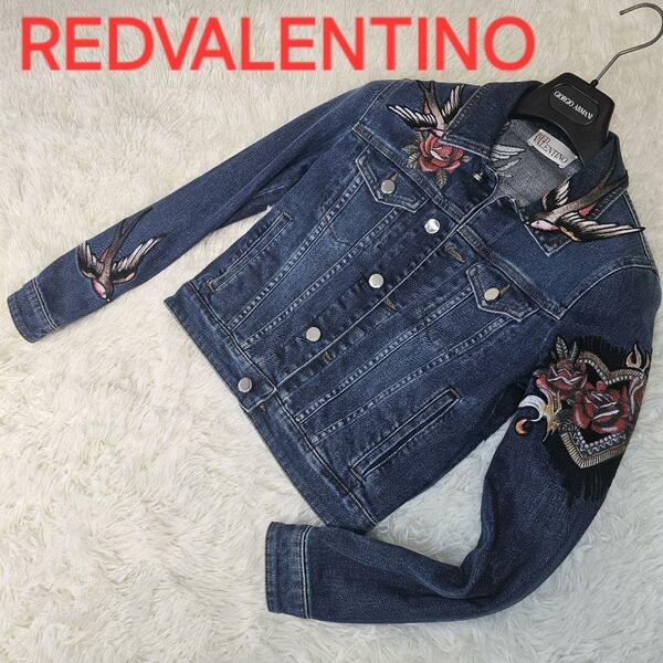 極美品　 レッドヴァレンティノ　デニムジャケット　刺繍　ハート　薔薇　38 RED VALENTINO ヴァレンティノ 薔薇、ハート、バード 
