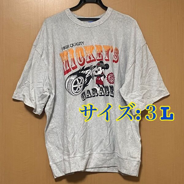 【新品タグ付き】 ディズニー ミッキーマウス ミッキー 半袖 tシャツ 3L グレー 車 バイク 整備士 ライトグレー