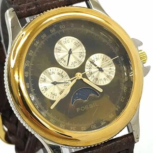 FOSSIL Fossil wristwatch BQ-8472 quarts hole ro ground Brown leather calendar collection battery replaced operation verification ending 