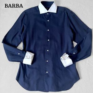 １円～！極美品 大きいサイズ 43/XL バルバ イタリア製 クレリックシャツ コットンダブルカフス ネイビー メンズ BARBA