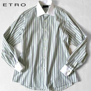 1 jpy ~ super-beauty goods![ finest quality. refreshing .] Etro 43/XL stripe shirt Italy made green long sleeve cotton men's business casual 