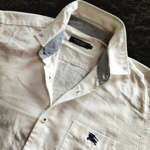 BURBERRY BLACK LABEL ①[ первый лето. белый ko-te] Burberry Black Label рубашка с длинным рукавом белый шланг Logo вышивка кнопка down весна лето 