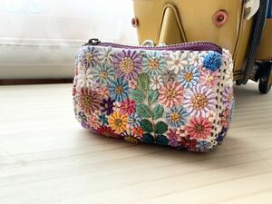 o flower. hand embroidery hand made linen cloth small articles storage pouch case 