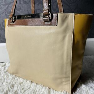 A4 possible * beautiful goods ETRO Etro tote bag all leather business shoulder ..bai color beige men's briefcase Logo plate original leather 