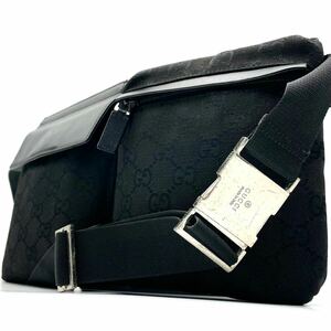  превосходный товар GUCCI Gucci GG парусина поясная сумка сумка "body" кожа черный наклонный .. плечо мужской женский бизнес портфель 