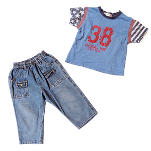 [ ребенок одежда б/у ] мужчина . футболка + джинсы брюки < размер : 90 13kg> верх и низ 2 пункт бесплатная доставка 1