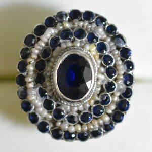 アンティーク オーストリア=ハンガリー帝国製 サファイア色古ガラスと真珠/パールのリング/指輪 銀製/Silver/シルバー 本物保証