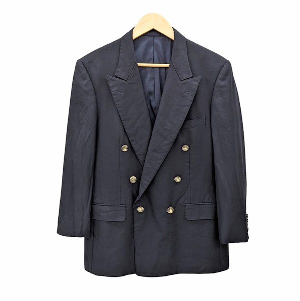 33 Aquascutum アクアスキュータム テーラードジャケット 金ボタン 紺ブレ ダブル AB-6 日本製 肩パッド 古着