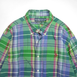90s RL CUSTOM FIT XL オールド ラルフローレン カラフル チェック ボタンダウンシャツ ビッグサイズ ビンテージ インド製 長袖 青 緑 古着