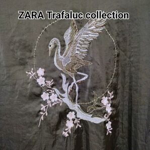 【 ZARA】 サテン 鶴 梅 刺繍 シャツワンピース カーキ ビンテージ