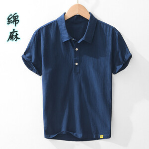 半袖シャツ　リネンシャツ　綿麻　プルオーバー ポロシャツ　カジュアルシャツ　サマーシャツ　トップス【L150】紺色　XL