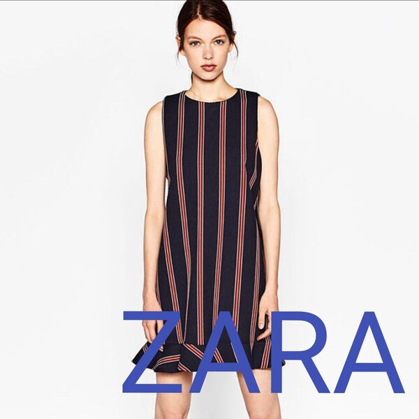 美品☆激カワ ZARA ザラ ストライプ ワンピース 裾フリル ネイビー Aライン ノースリーブ