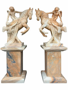 天然大理石彫刻 馬に乗る天使 ペア ピンク 全高約1m85cm エンジェル像 動物像 石像 大理石 彫刻 オブジェ 天使像 置物 エンゼル 子供像