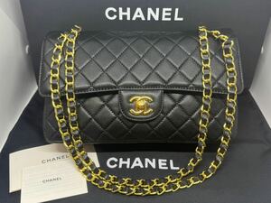 CHANEL シャネル キャビアスキン マトラッセ フラップ Wチェーン ショルダーバッグ ブラック ゴールド金具 25cm