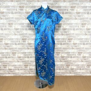 1 jpy China dress Beijing Pier single goods cat pohs possible tea ina button coming off long One-piece 40 large size blue pattern used 5364