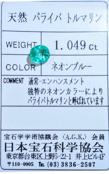 美しいネオンとクラリティを持つ極上天然パライバトルマリン 1.049ct ソーティング付き 希少宝石 ジュエリー ルース