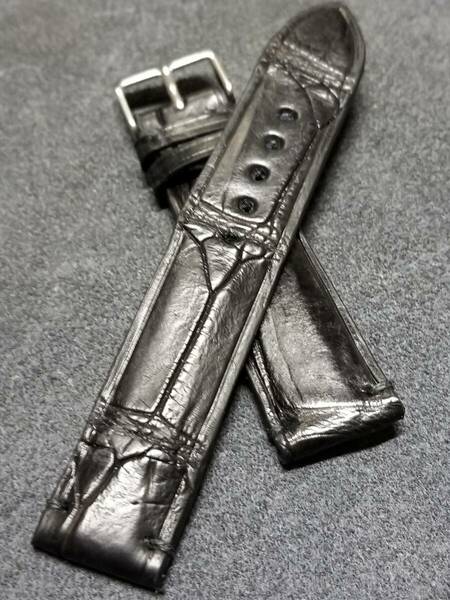 19mm 本物 クロコダイル 時計ベルト 3M製裏側防水カーフ 半艶黒 genuine crocodile leather