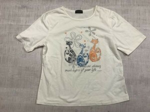 RUPUAU レトロ ブティック モード 古着 ラインストーン 猫 ネコちゃん トップス 半袖Tシャツ カットソー レディース M-L 白