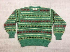 ITALY made 012 Benetton Benetton Old 90s old clothes nordic snow pattern Jaguar do knitted sweater wool 100% Kids * lady's 140 green 