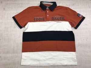 エディーバウアー Eddie Bauer アメカジ アウトドア 太ボーダー 鹿の子 半袖ポロシャツ メンズ 刺繍 L オレンジ/紺