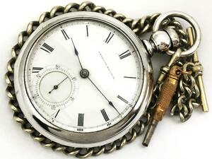 1873年製◆WALTHAM 銀無垢COIN 1857モデル 鍵巻き 大型18S 11石 Gr,P.S.Bartlett Tバーチェーン付 ウォルサム大型懐中時計◆