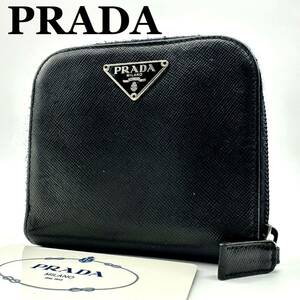 【極美品】プラダ PRADA サフィアーノ 財布 ジッピーウォレット コンパクト wallet 三角ロゴ ラウンドファスナー メンズ ブラック レザー