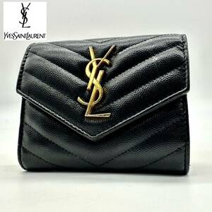 [ ultimate beautiful goods ] Yves Saint-Laurent YVES SAINT LAURENTka Sandra caviar s gold purse compact wallet wallet men's black leather 