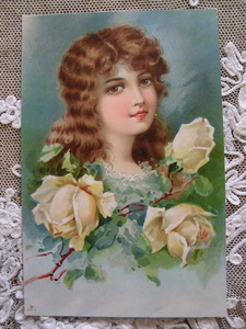 アンティーク　古いポストカード・絵葉書 　* 香しい薔薇と女性 * 未使用 
