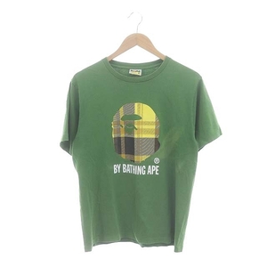 アベイシングエイプ A BATHING APE Tシャツ カットソー 半袖 ロゴ チェック M ライトグリーン マルチカラー /DO ■GY01 メンズ