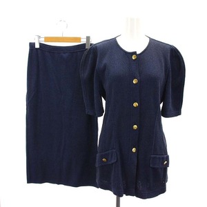 Fendi FENDI Vintage setup top and bottom knitted cardigan short sleeves skirt gold button 42 XL navy blue navy #GY11 /SY lady's 