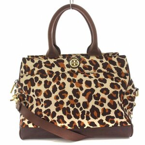 トリーバーチ TORY BURCH 2WAYハンドバッグ トートバッグ ショルダーバッグ ナイロン レザー レオパード ヒョウ柄 ロゴ 茶 ベージュ