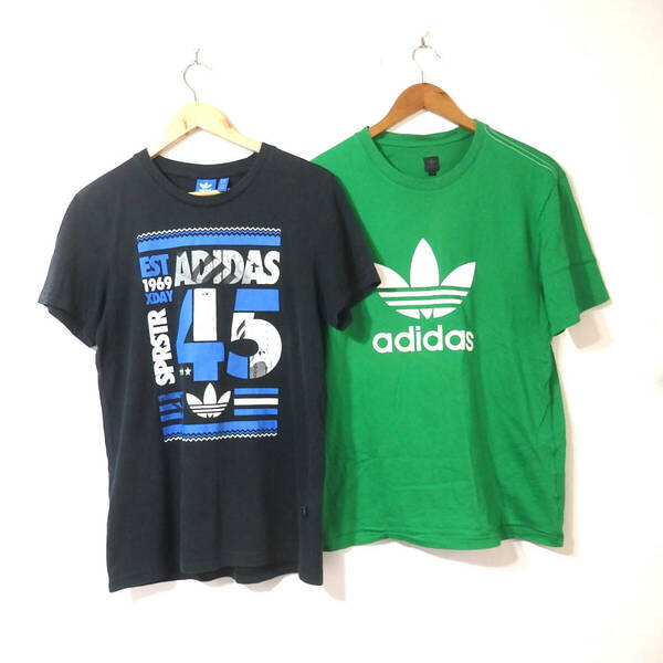 【送料無料】アディダスTシャツ２枚セット/黒　緑　色褪せあり　Oサイズ　トレフォイルロゴ　細身　adidas 