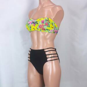 U9540* bikini sexy swimsuit lady's two piece sexy yellow floral print . hand black plain bottom separate swim swim Pooh ruby chi