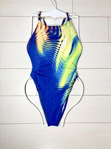 16 Speed woman .. swimsuit M* aqua blade ...ma-kyu line * light ground lustre blue yellow graphic open back high leg * old Mizuno made 