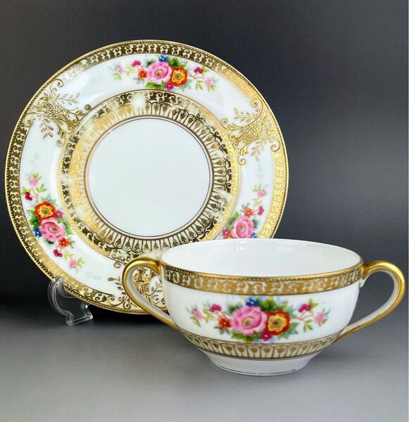 オールドノリタケ 花図 金盛り スープカップ ソーサー セット ダブルハンドル アールヌーボー