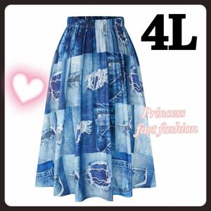 【4L】デニム柄プリント パッチワーク風 フレアロングスカート 大きいサイズ レディース