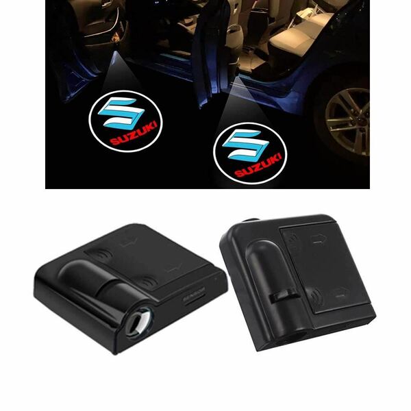 Minile スズキ汎用タイプ 車用ドアランプロゴカーテシランプ カーテシライト簡単取り付け LEDロゴ投影ゴーストシャドウ2個セット 配線不要 