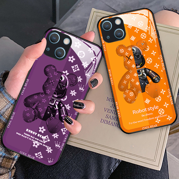 新カラー　iPhone15 14　携帯ケース　強化ガラス　高級感クマ　鮮やかな紫　オレンジ