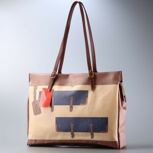 GQ0644: Italy made * Roberta di Camerino * leather tote bag * bag pattern print * Gold metal fittings * bag * handbag * tea × beige × blue series 