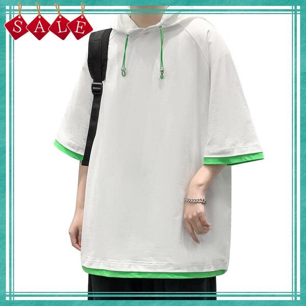 【特価セール】[foxseon] 夏服 メンズ tシャツ パーカー 七分袖 無地 ゆったり 大きい サイズ かっこいい服 クルーネ