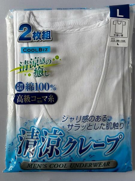【高級コーマ糸】天然素材綿100％　メンズ 半袖U首 Tシャツ 2枚組 白 L