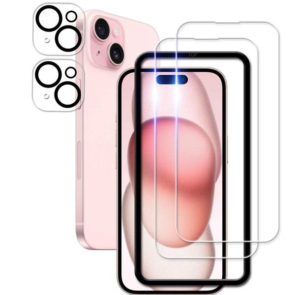 【特価商品】カメラフィルム ガラスフィルム 用 カバー iPhone15 強化ガラス 日本素材製 保護フィルム KPNS 【2+2