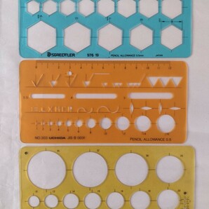 製図　テンプレート3個（円定規 六角記号定規 仕上記号定規　プラス ウチダ ステッドラー　PLUS UCHIDA STAEDTLER）