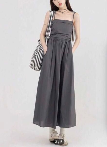 ワンピース ノースリーブ ロングワンピース キャミワンピース キャミドレス ドレス グレー リボン フリル 夏服 レディース