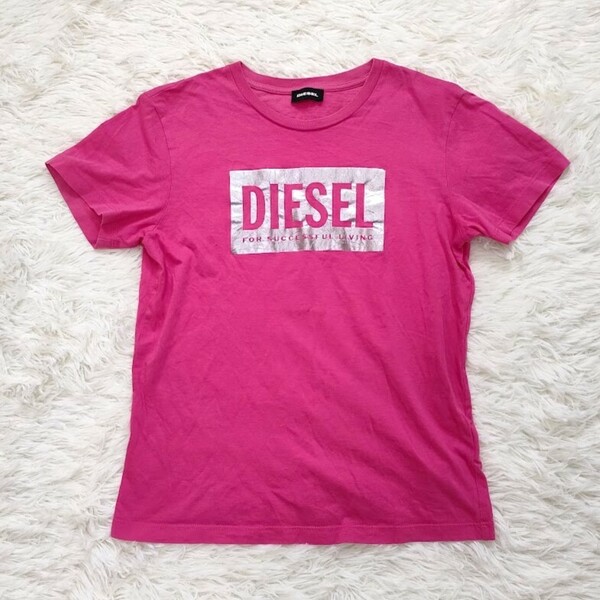 DIESEL ディーゼル キッズ 半袖 Tシャツ ピンク サイズ10 (140相当）ロゴ シルバープリント 子供服 女の子